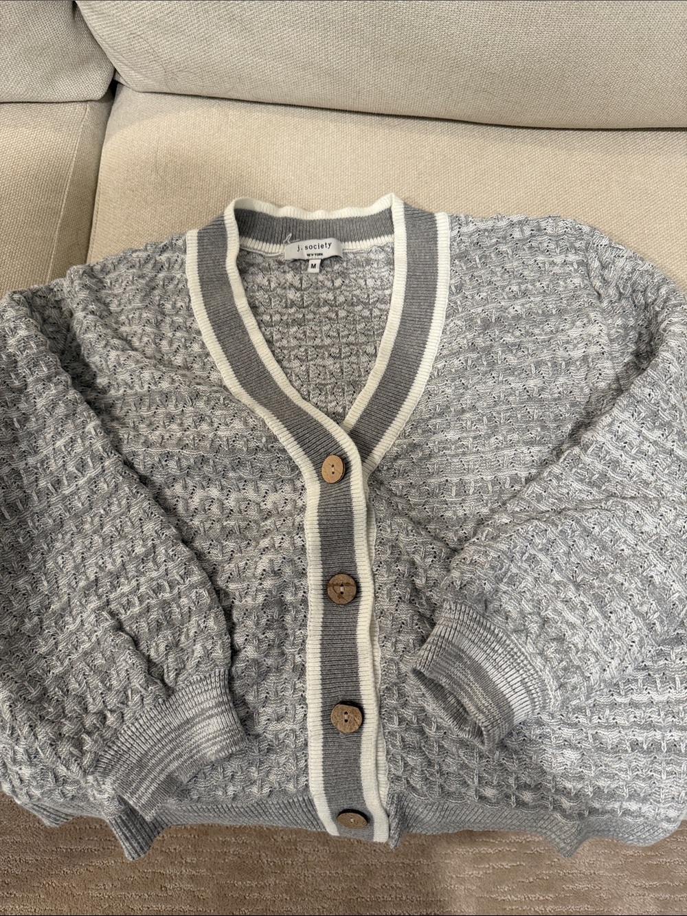 J Society Heather Gray Knit Button-Front Cardigan with Cream Trim